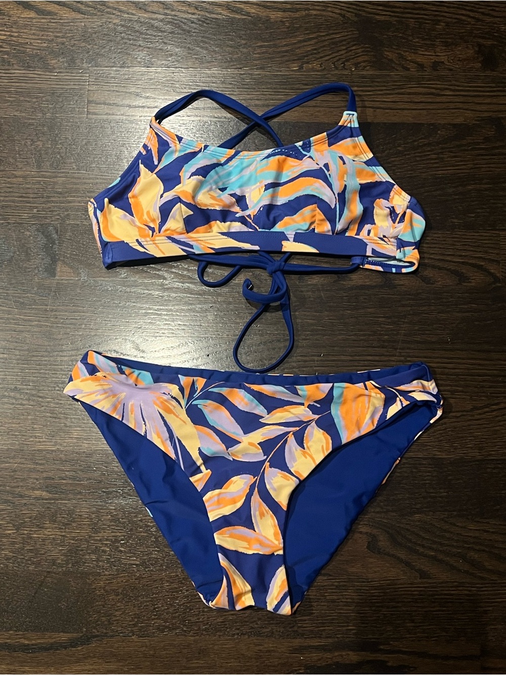 Reversible Blue Tropical Print Strappy Bikini Set